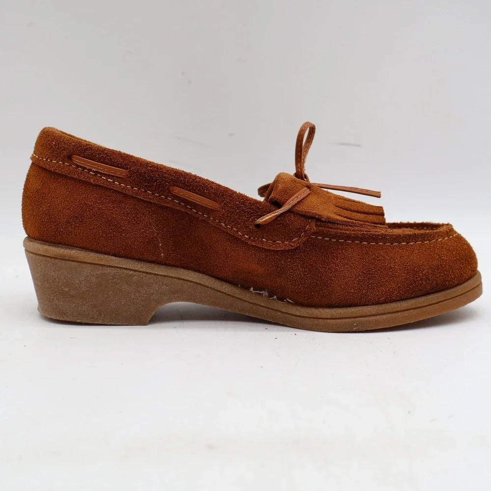 Young Ones Loafers Youth 13 Vintage Brown Suede Kiltie Fringe Moc Toe Wedge